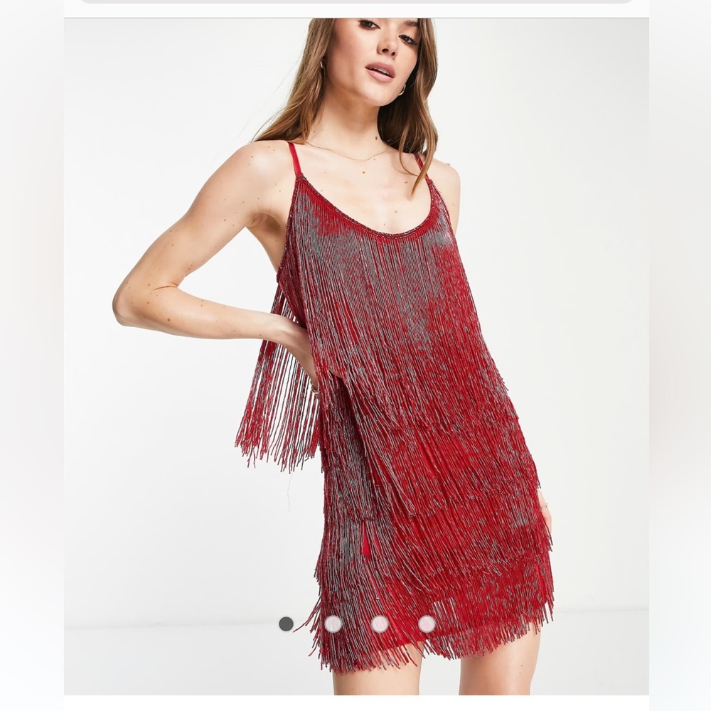 ASOS DESIGN embellished fringed mini dress in red size 6
